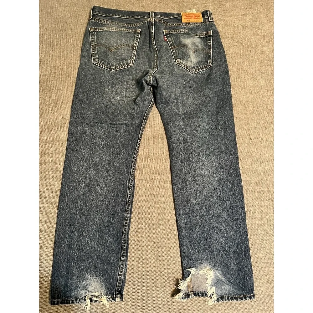 Levi's 505 Jeans Men's‎ 36x32 Distressed Hems Straight Biker Rock Casual Blue